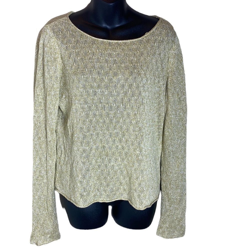 Eileen fisher sweater open knit linen yellow/white medium capsule sustainable